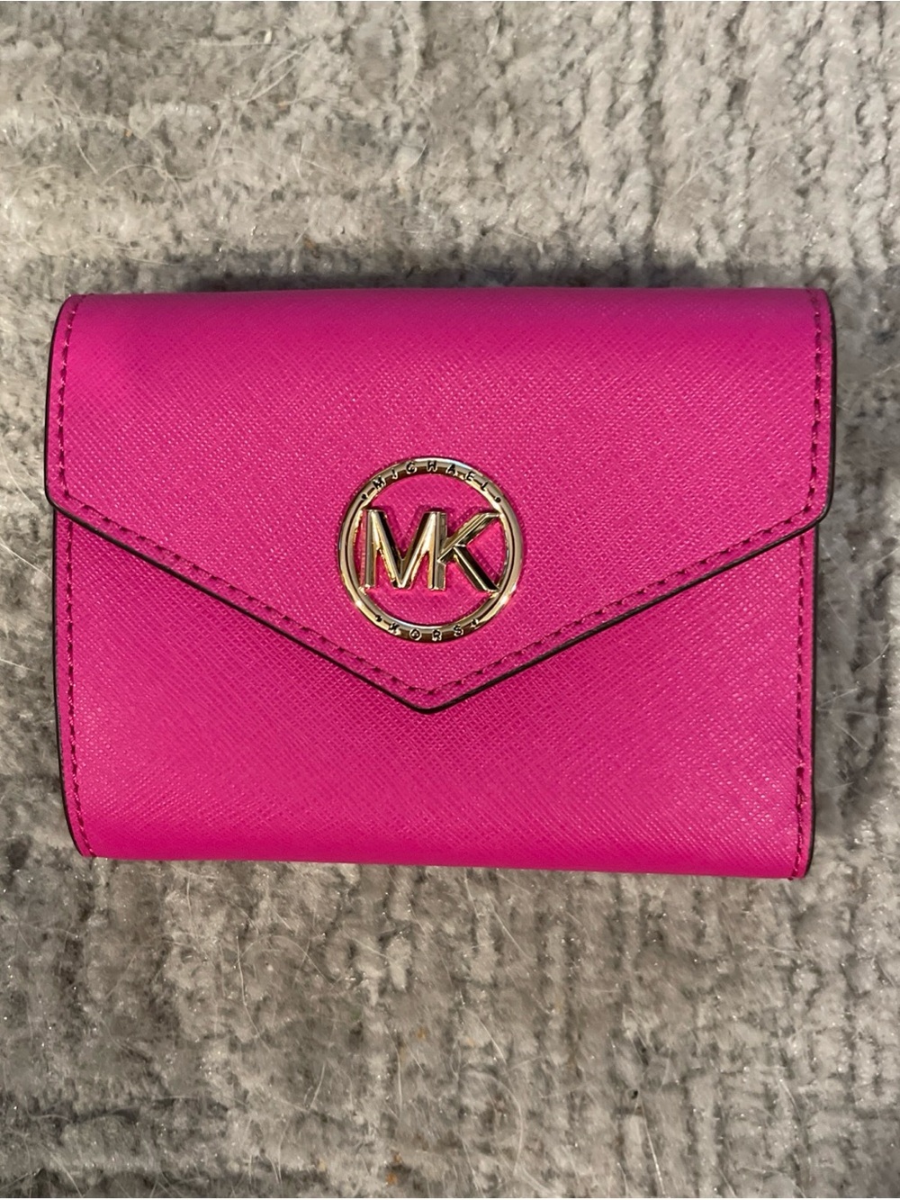 Michael Kors Hot Pink Saffiano Leather Tri-Fold Wallet with Gold MK Emblem